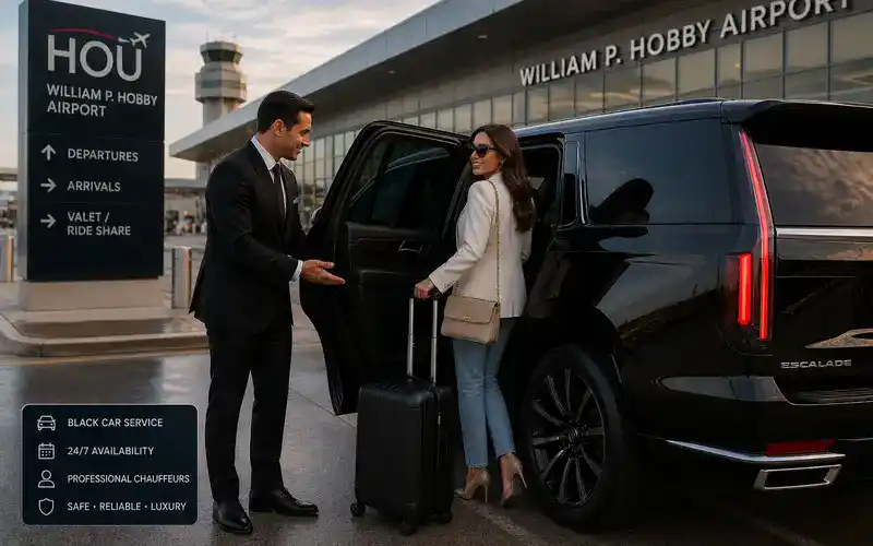 HOU airport car service chauffeur assisting passenger with luggage into luxury SUV at Houston Hobby Airport